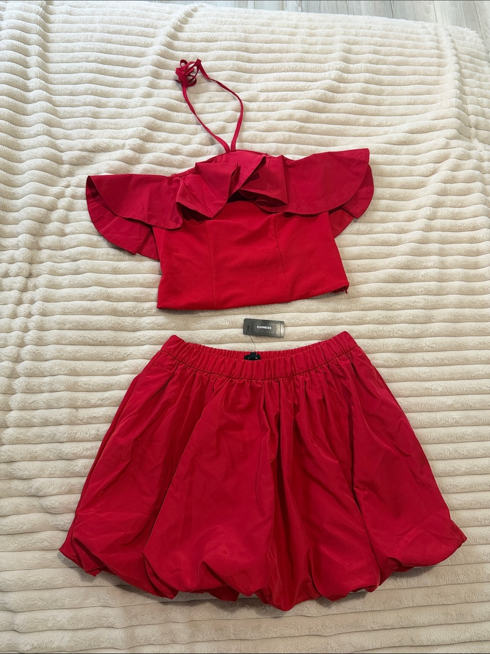 Express Red Off-Shoulder Ruffle Crop Top and Elastic Waist Bubble Skirt